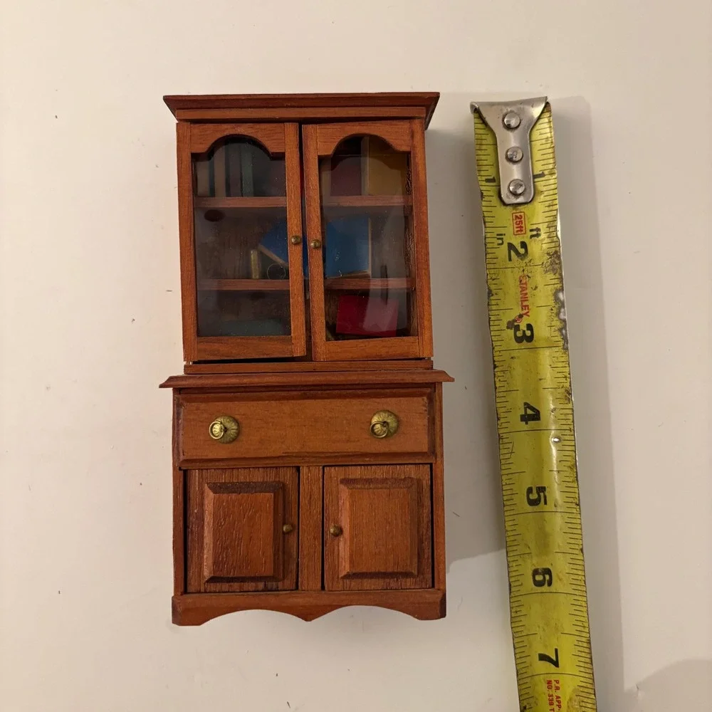 VTG Shackman Dollhouse Miniature Wood China Cabinet Hutch w Books 1:12
